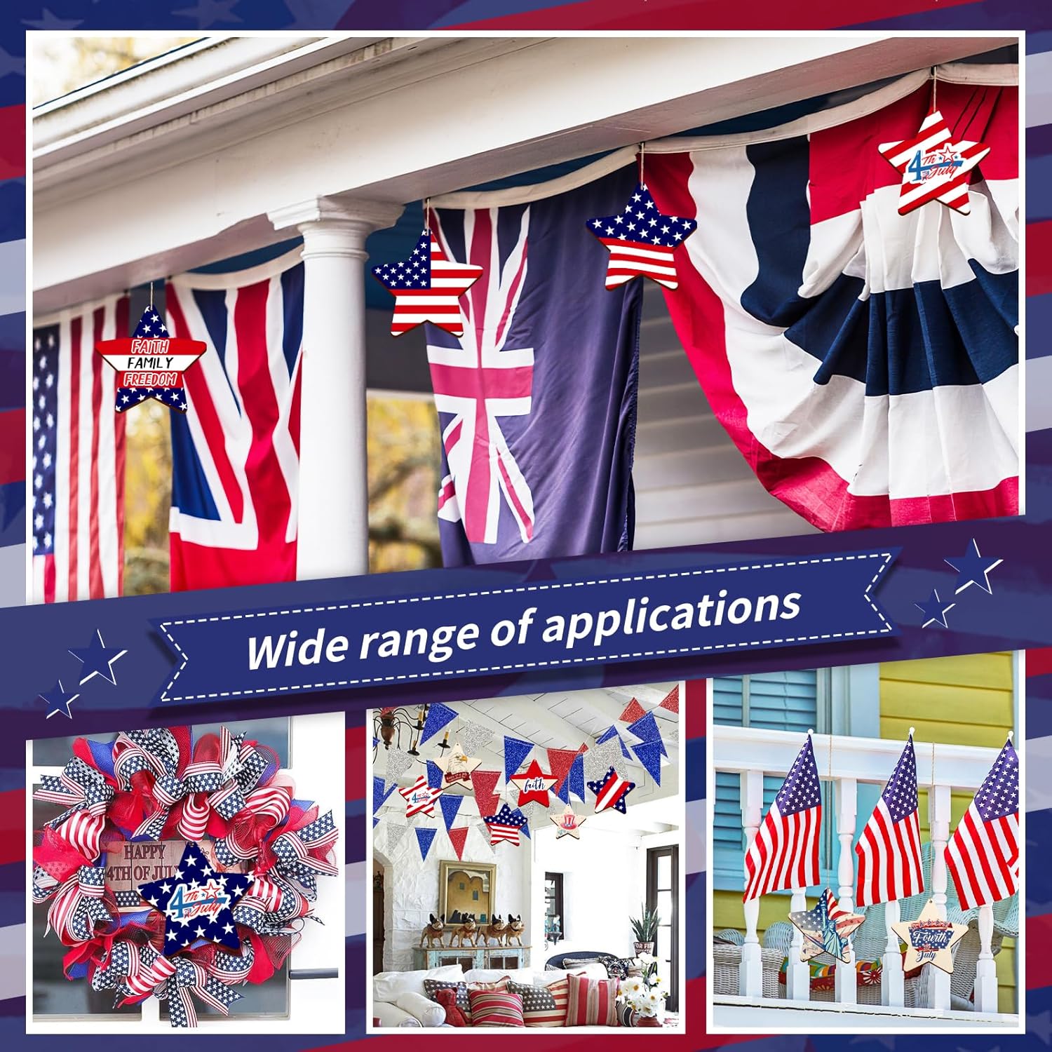 Decorative flags and wreaths with American and British designs on a house exterior.