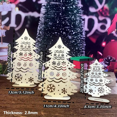 Set of three decorative Christmas trees with measurements on a wooden surface.