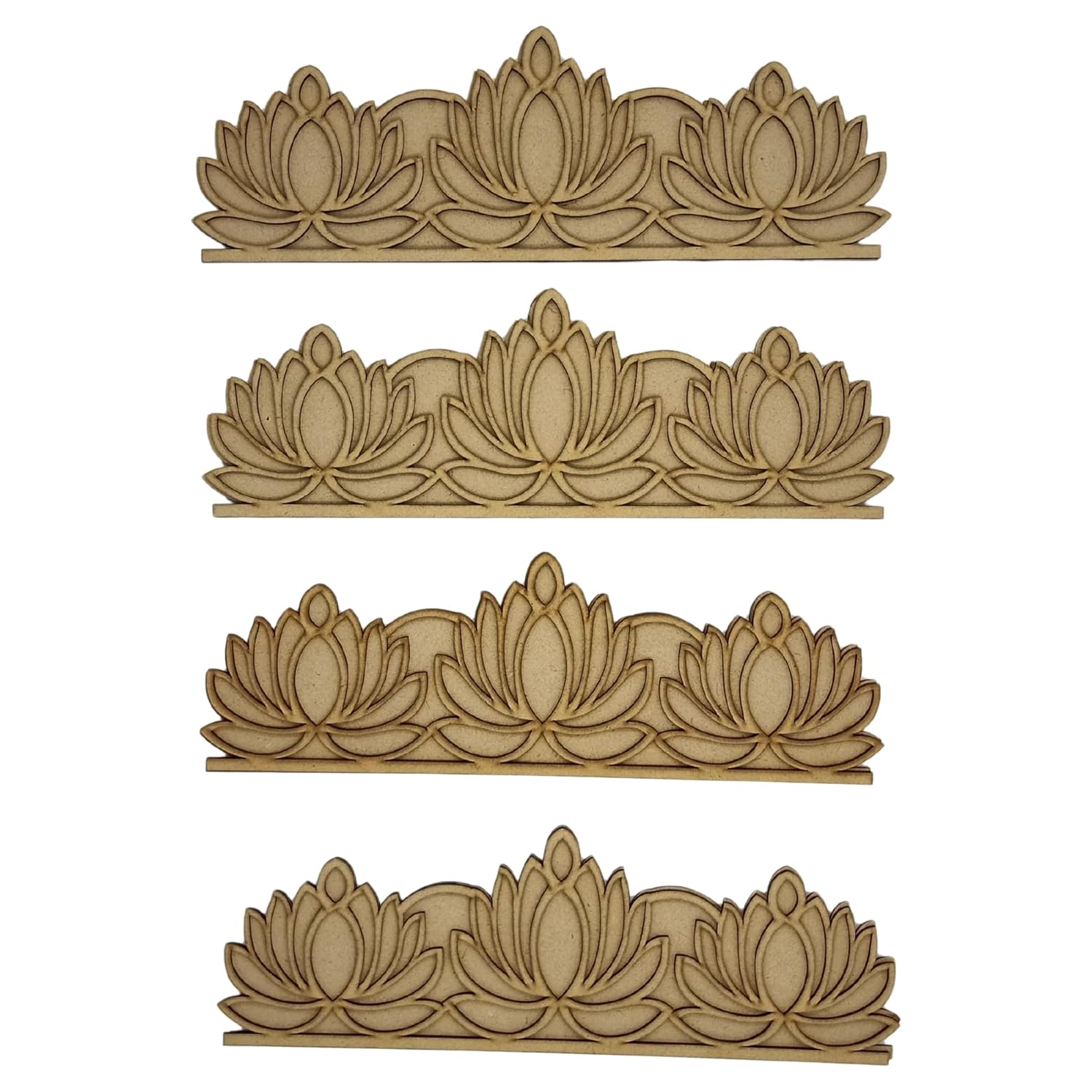 Set of four decorative wooden lotus flower patterns on a white background