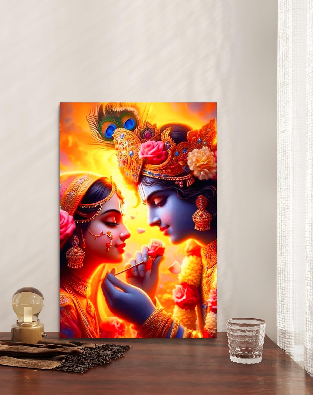 Decorative wall art of two figures with intricate details on a wooden surface.