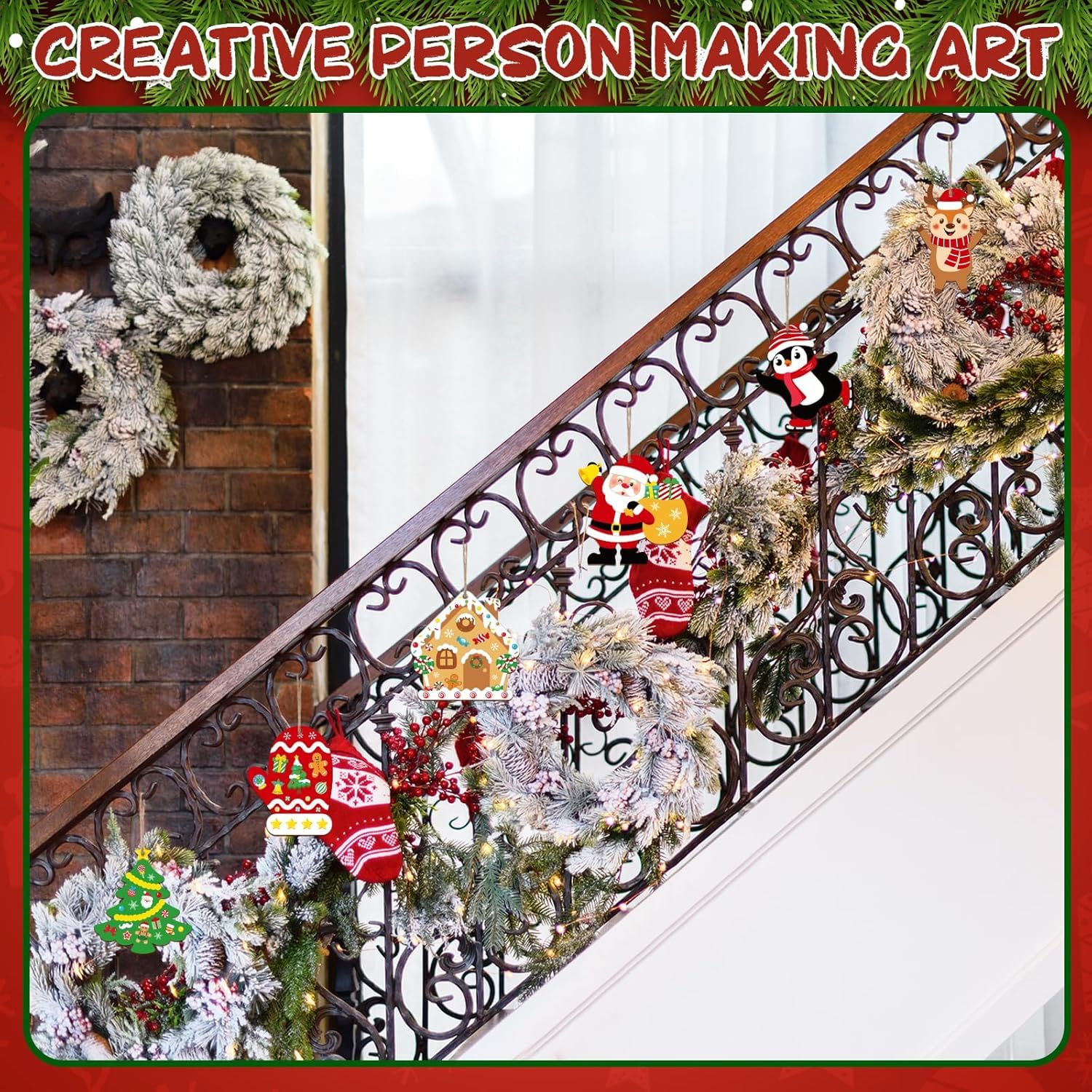 Decorative Christmas wreaths and ornaments on a staircase railing with text overlay.