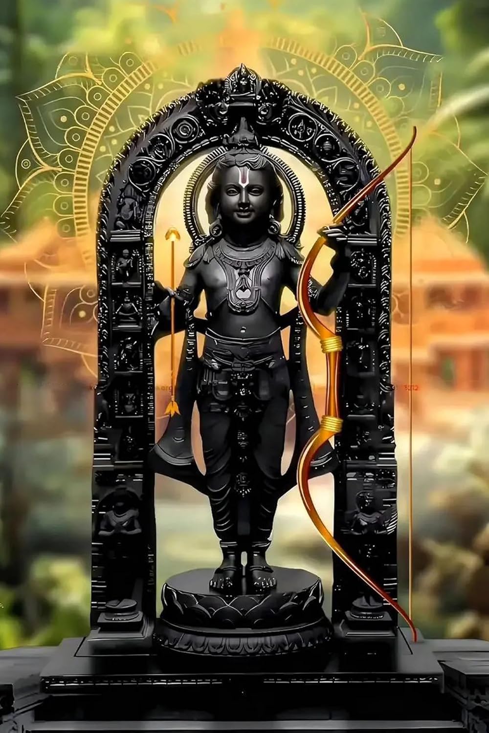 Statue of a deity in a decorative arch with a blurred nature background