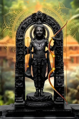 Statue of a deity in a decorative arch with a blurred nature background