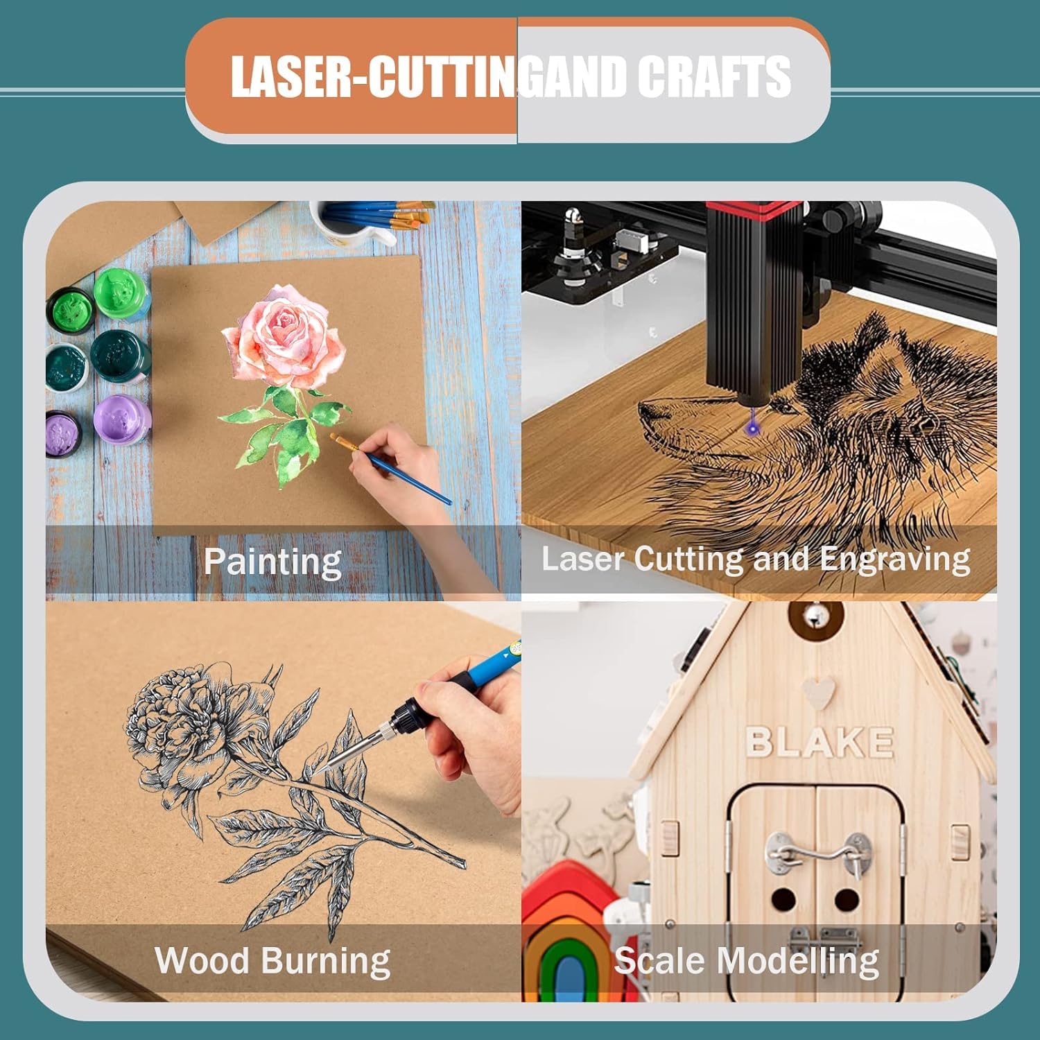Collage of laser-cutting and crafting activities including painting, laser cutting, wood burning, and scale modeling.