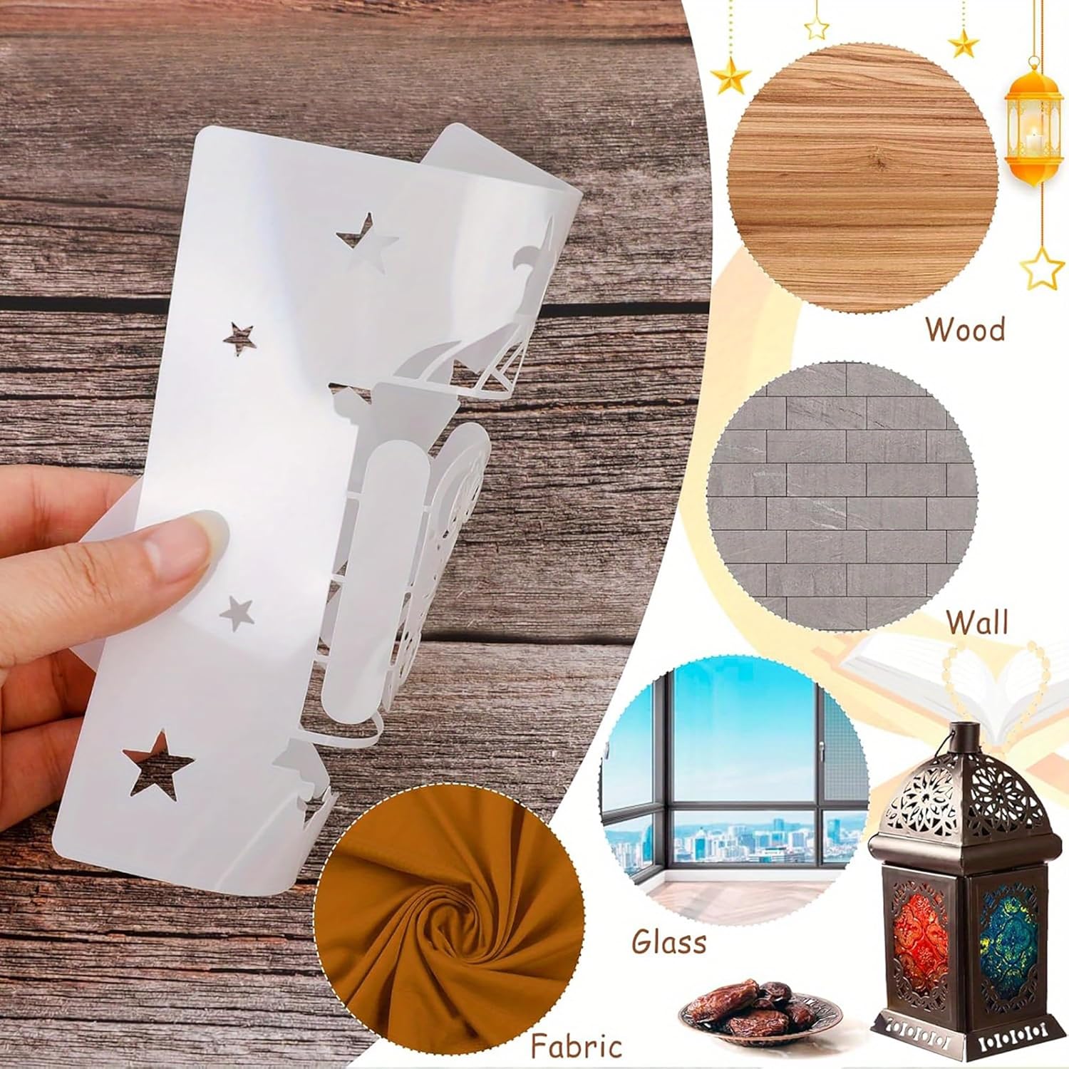 Decorative metal stencil with star designs held by a hand on a wooden surface, surrounded by images of wood, wall, glass, and fabric.