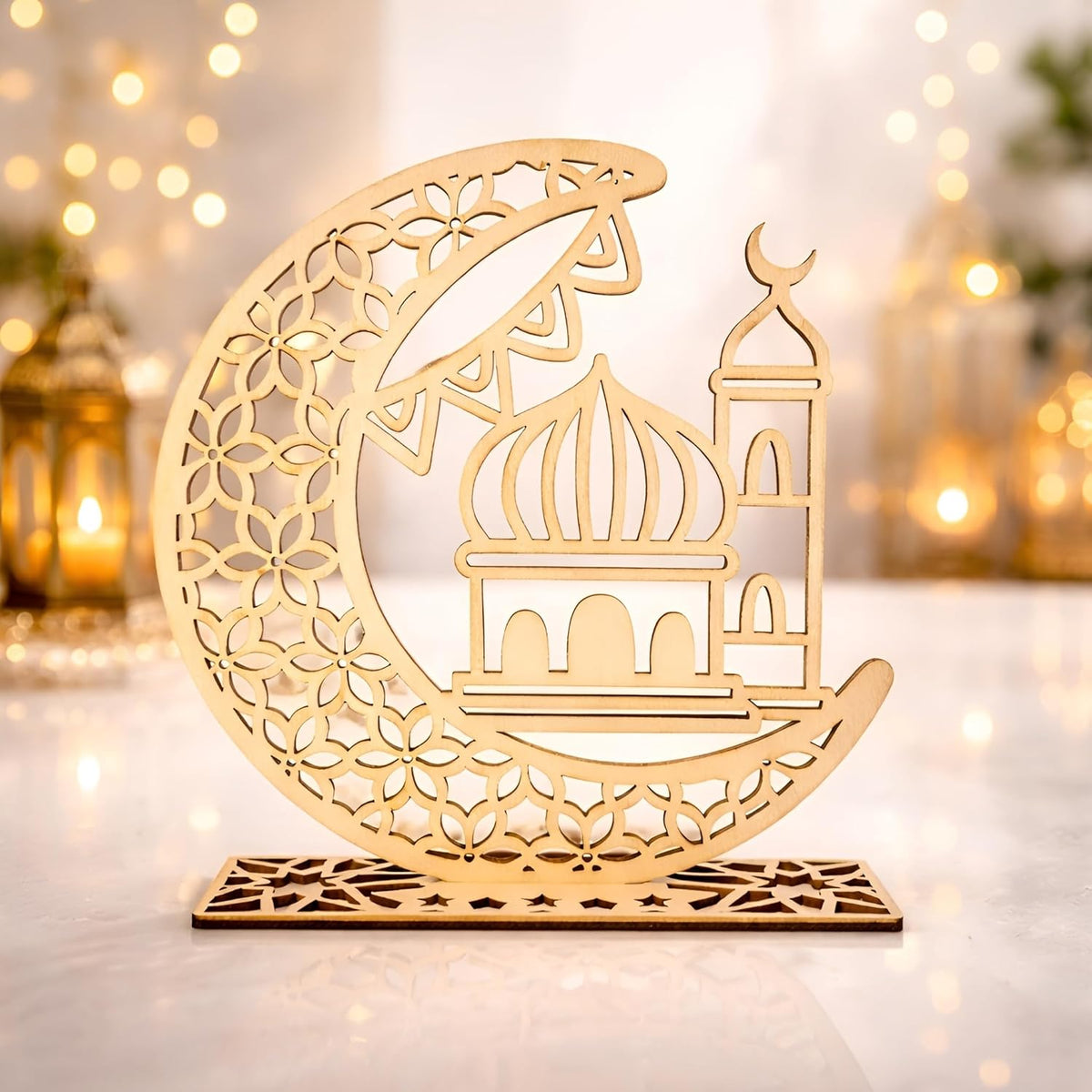 American Elm Ramadan Mubarak Wooden Moon Star Eid Decoration Table Top Islamic Home Decor 3D Hollow Moon Design Single Piece