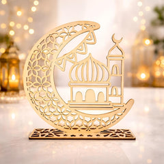 American Elm Ramadan Mubarak Wooden Moon Star Eid Decoration Table Top Islamic Home Decor 3D Hollow Moon Design Single Piece