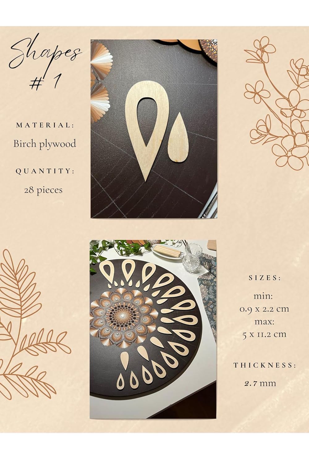 Birch plywood shapes with sizes, material, and quantity information on a beige background.