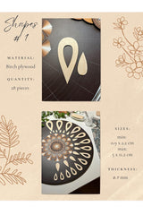 Birch plywood shapes with sizes, material, and quantity information on a beige background.