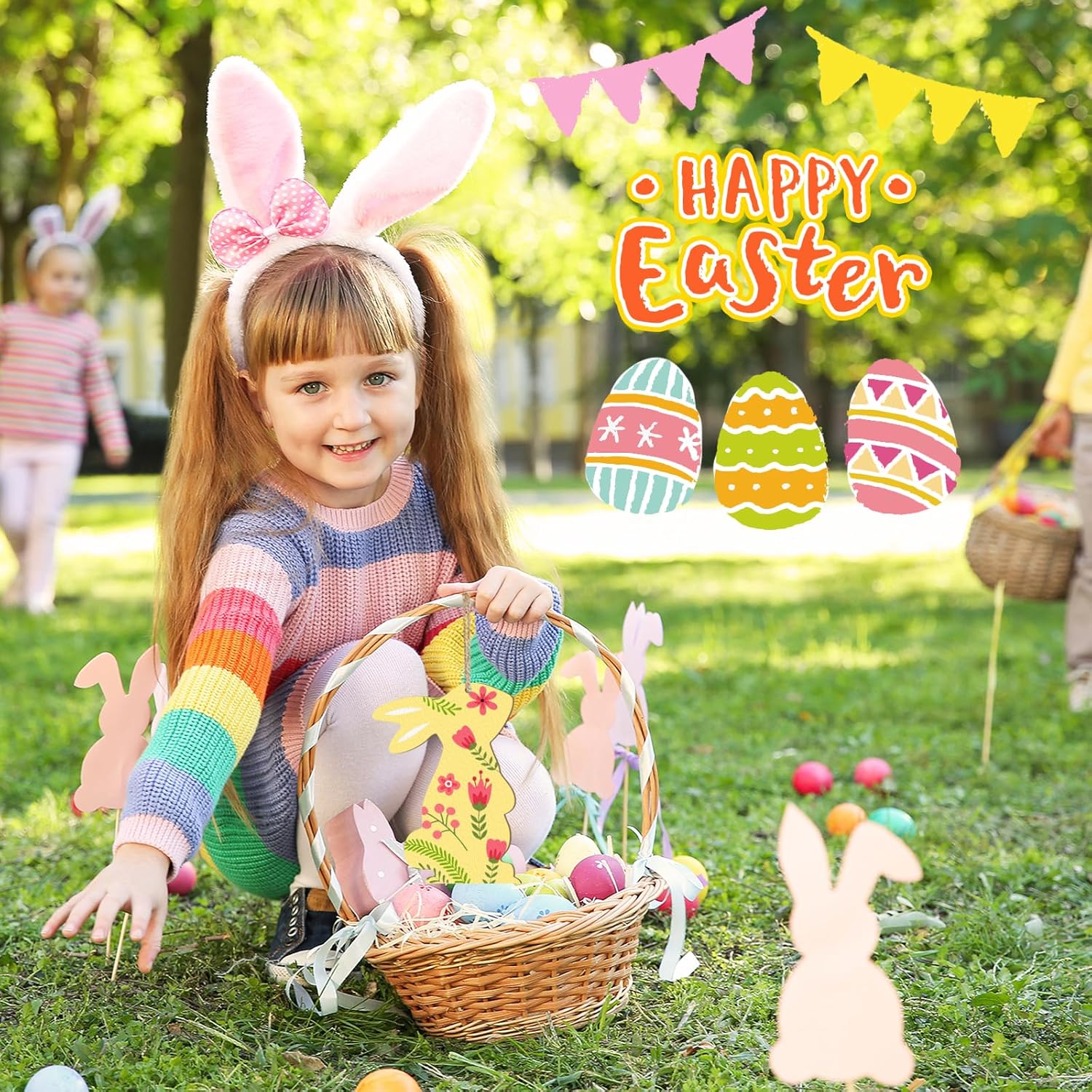 Child with Easter basket and bunny ears in a park, surrounded by Easter eggs and decorations.