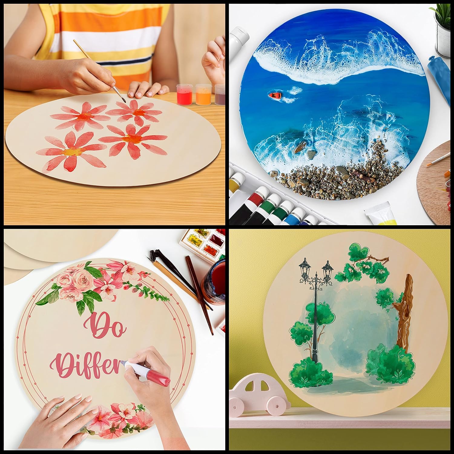 Collage of children's art projects including floral designs, a beach scene, and nature-themed artwork.