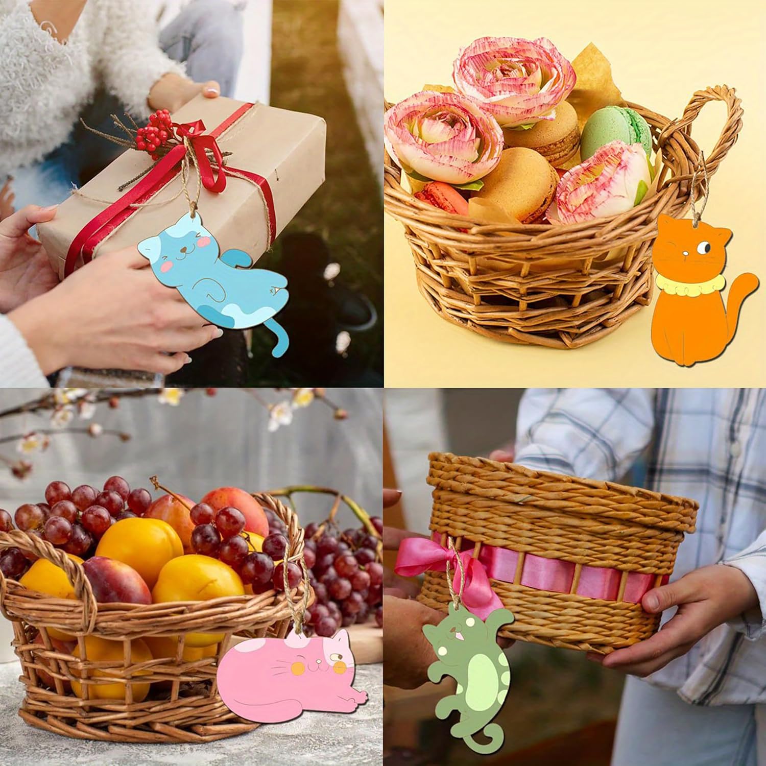 Collage of gift baskets with decorative tags and fruits.