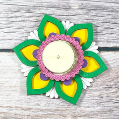 Decorative wall hanging with a floral design on a wooden surface
