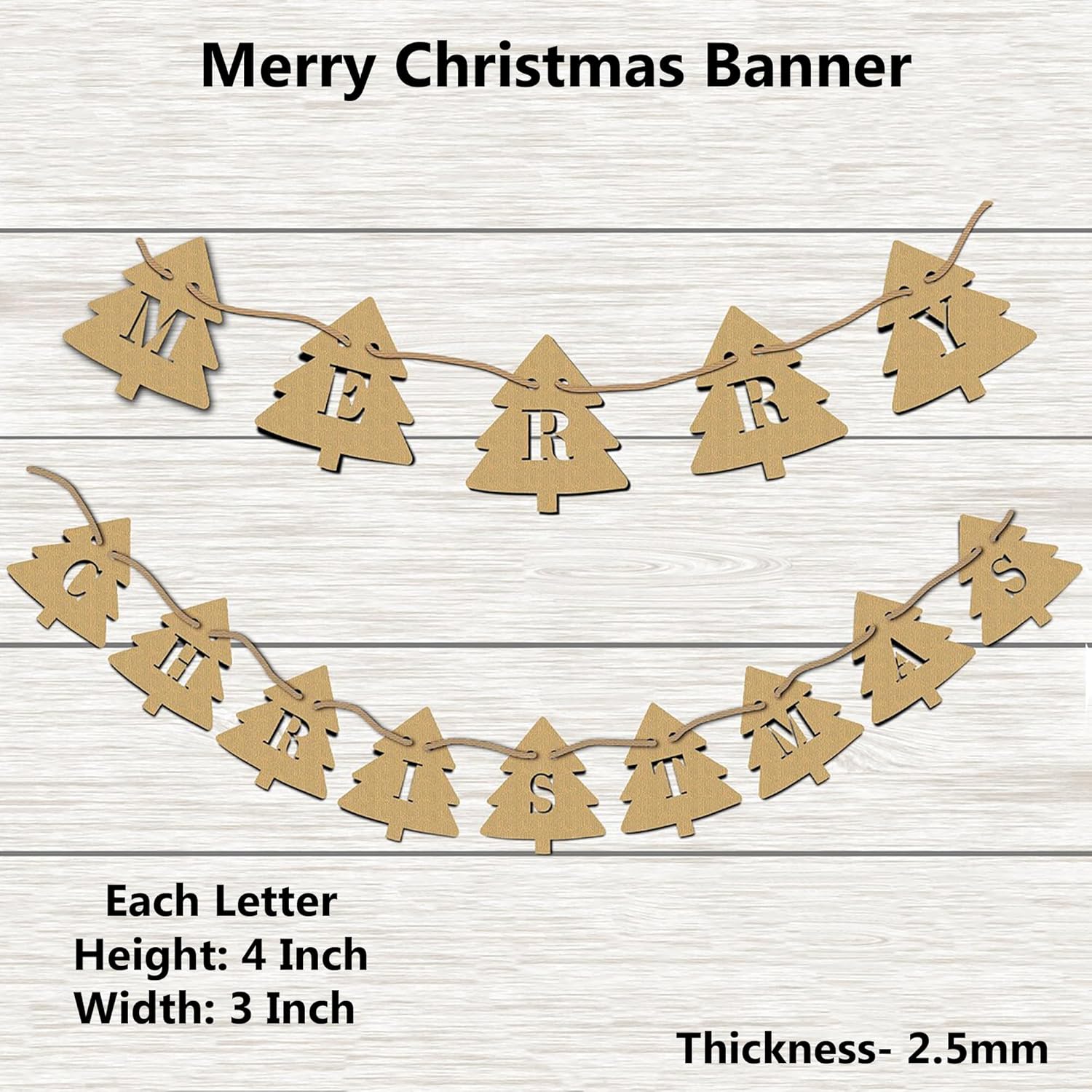 Merry Christmas banner with wooden letters on a light wood background