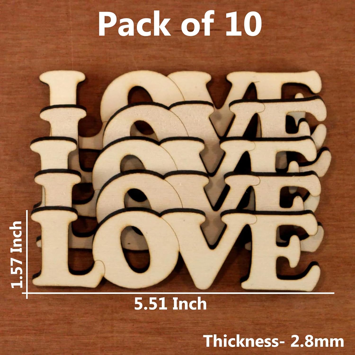 Pack of 10 wooden letters spelling 'LOVE' on a brown background with measurements.