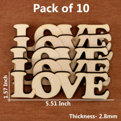 Pack of 10 wooden letters spelling 'LOVE' on a brown background with measurements.
