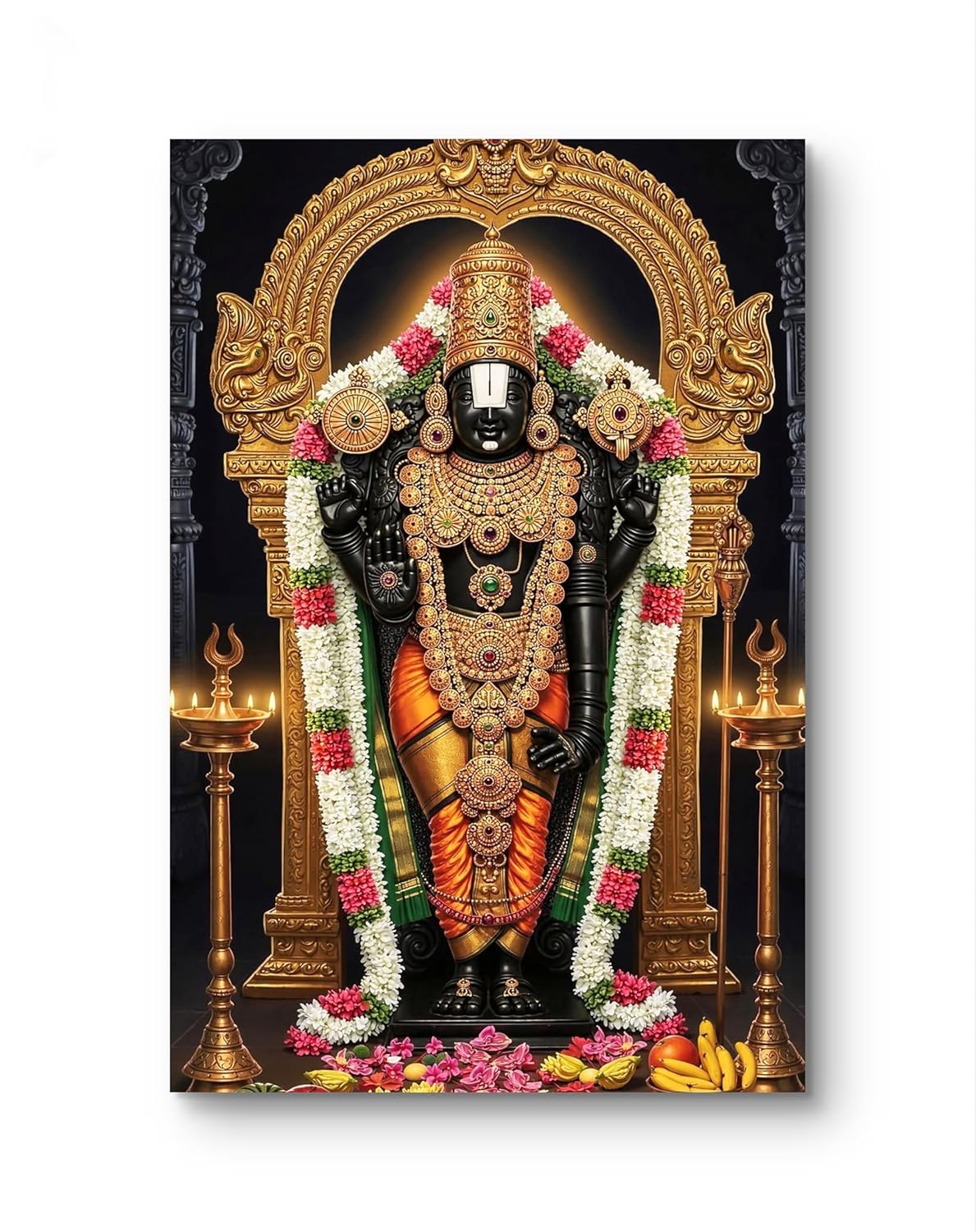 Decorative panel with a神像 (divine figure) in ornate attire, surrounded by flowers and candles on a dark background.