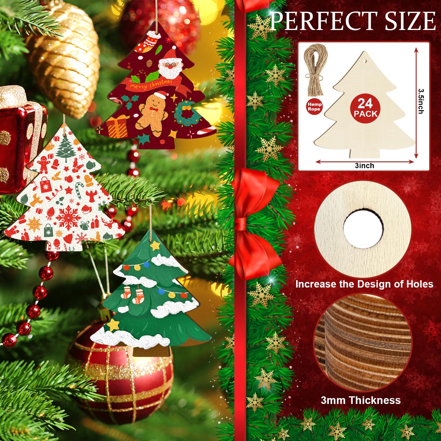 Decorative Christmas tree ornaments on a tree with packaging showing product details.