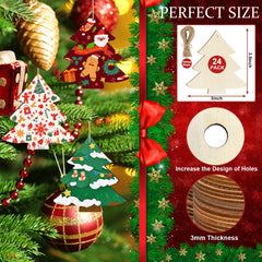 Decorative Christmas tree ornaments on a tree with packaging showing product details.