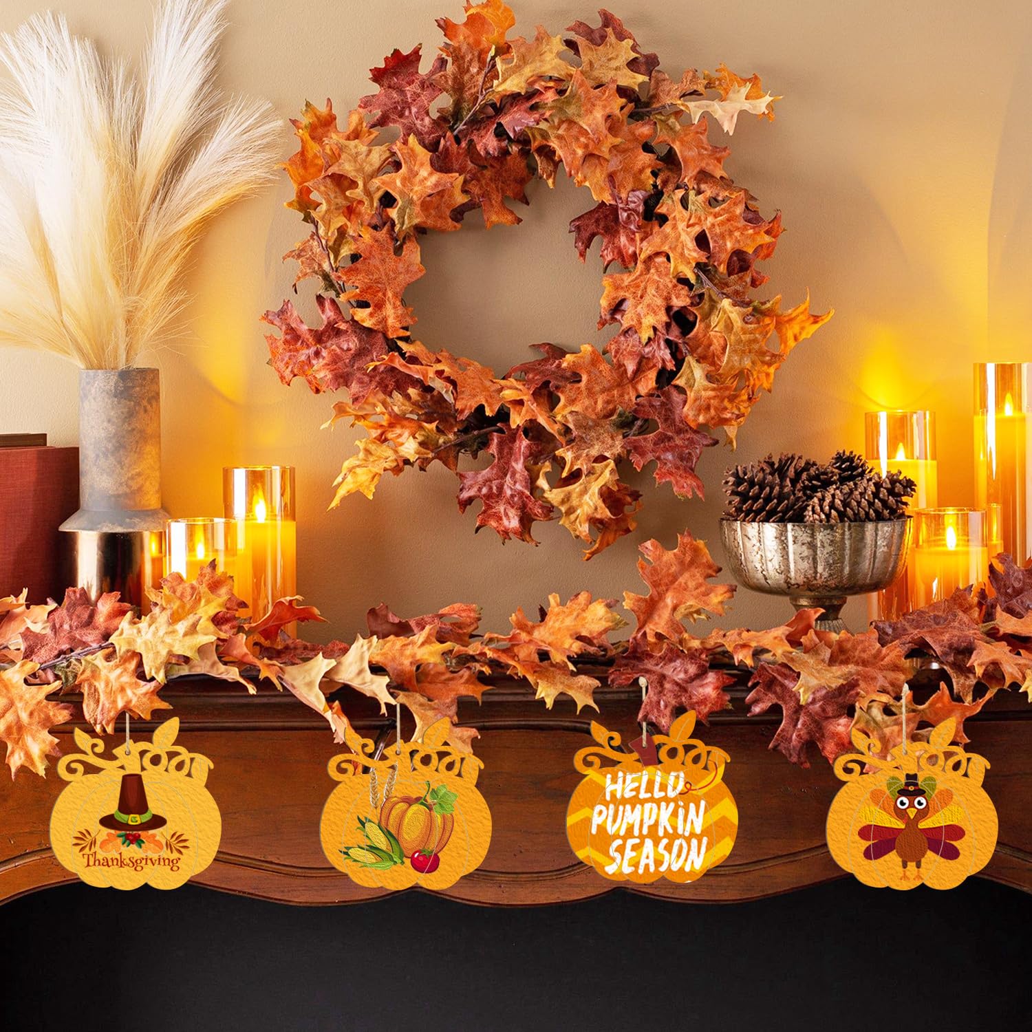 Decorative autumn wreath and garland with pumpkins and 'Hello Pumpkin Season' sign on a mantel.