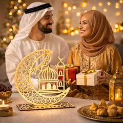 American Elm Ramadan Mubarak Wooden Moon Star Eid Decoration Table Top Islamic Home Decor 3D Hollow Moon Design Single Piece