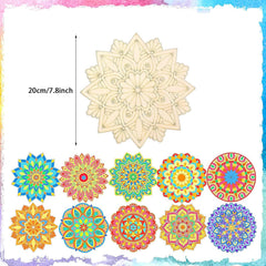 Colorful mandala designs with a wooden mandala template on a colorful border.