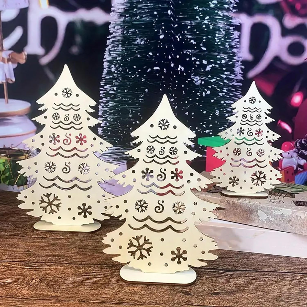 Decorative Christmas tree lights on a wooden surface with a blurred festive background.