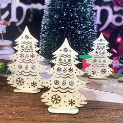 Decorative Christmas tree lights on a wooden surface with a blurred festive background.
