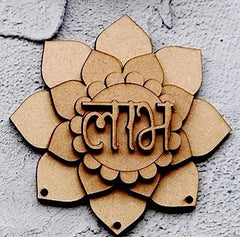 Wooden flower-shaped decorative piece with 'LOVE' text on a gray concrete background