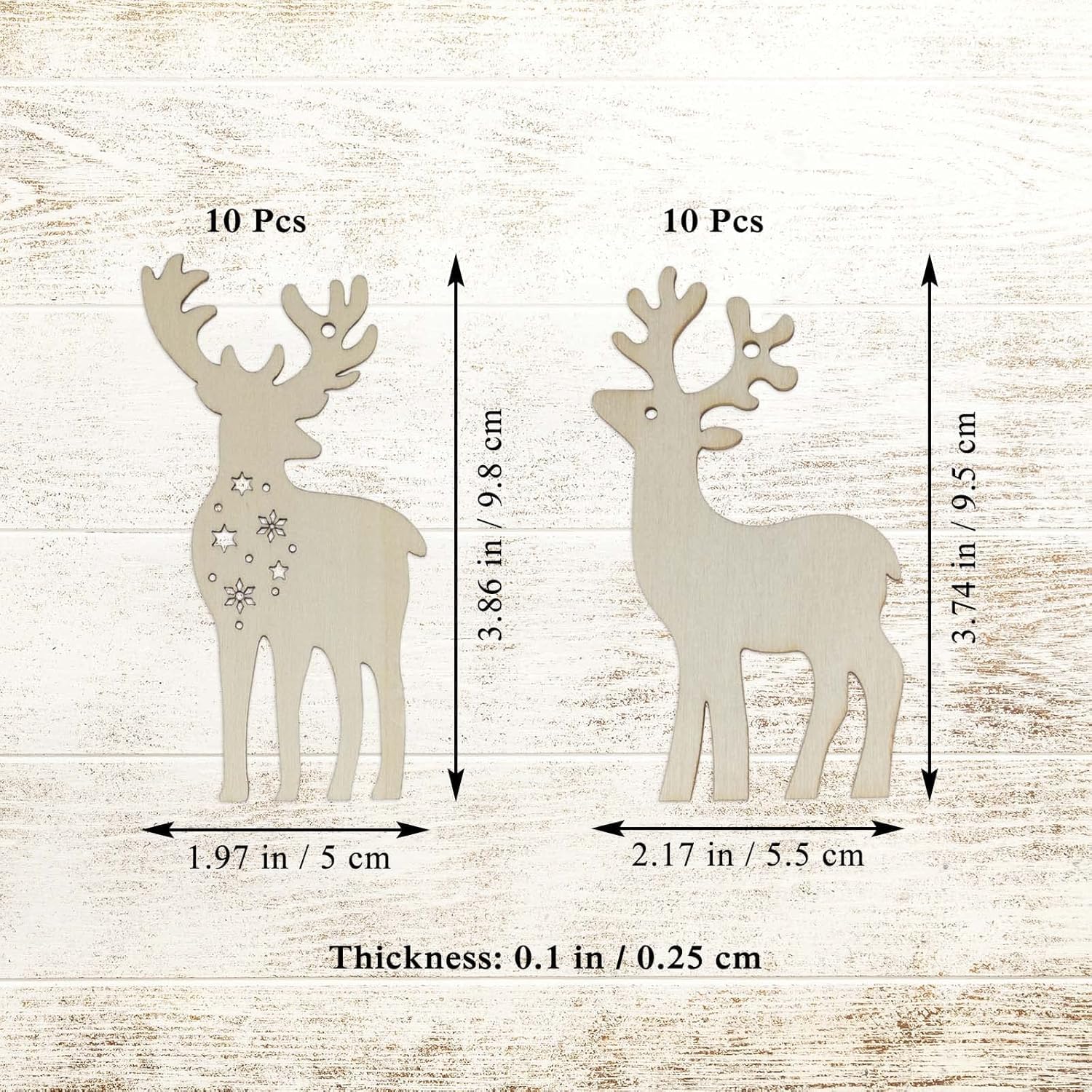 Measurement chart of two deer-shaped cutouts with dimensions on a wooden background.
