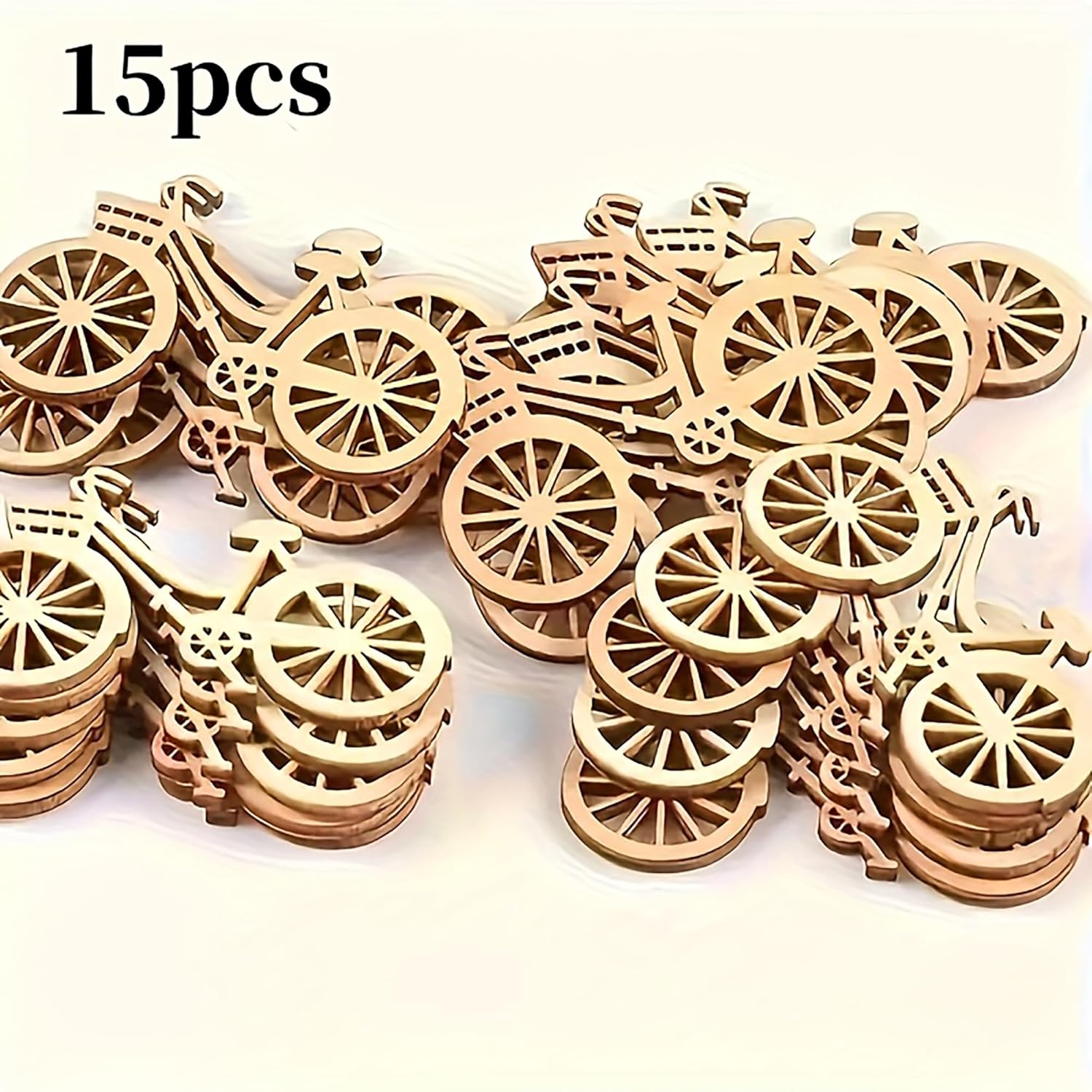 15 wooden bicycle-shaped cutouts on a white background