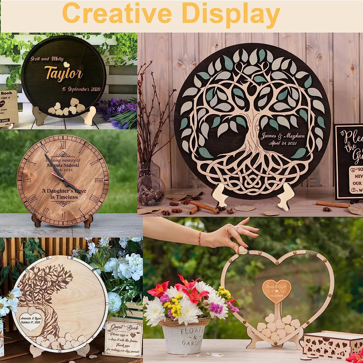 Collage of wooden decorative items with engraved designs and text.