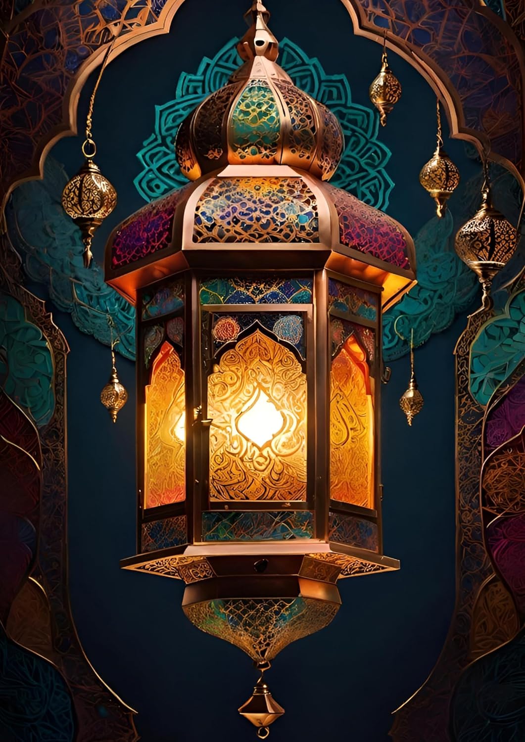 Decorative lantern with intricate designs and warm glow against a dark background