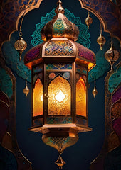 Decorative lantern with intricate designs and warm glow against a dark background