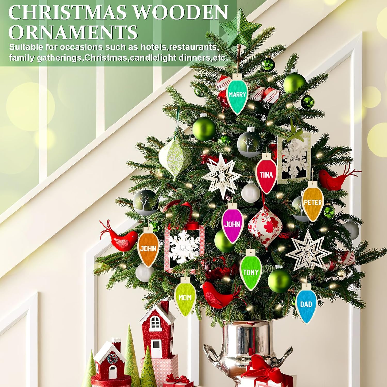 Decorative Christmas tree with personalized ornaments in a home setting