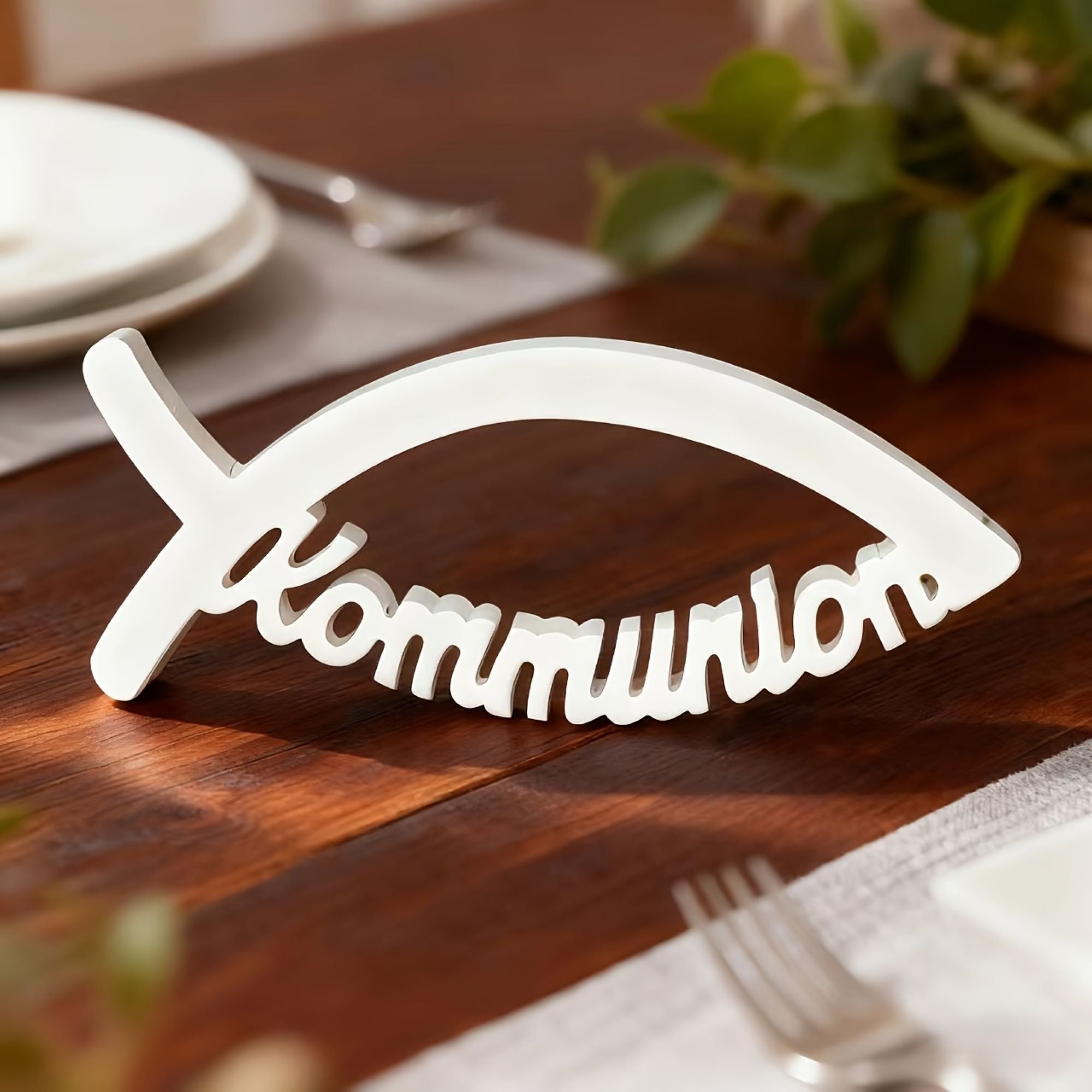 fish shaped religious tabletop sign