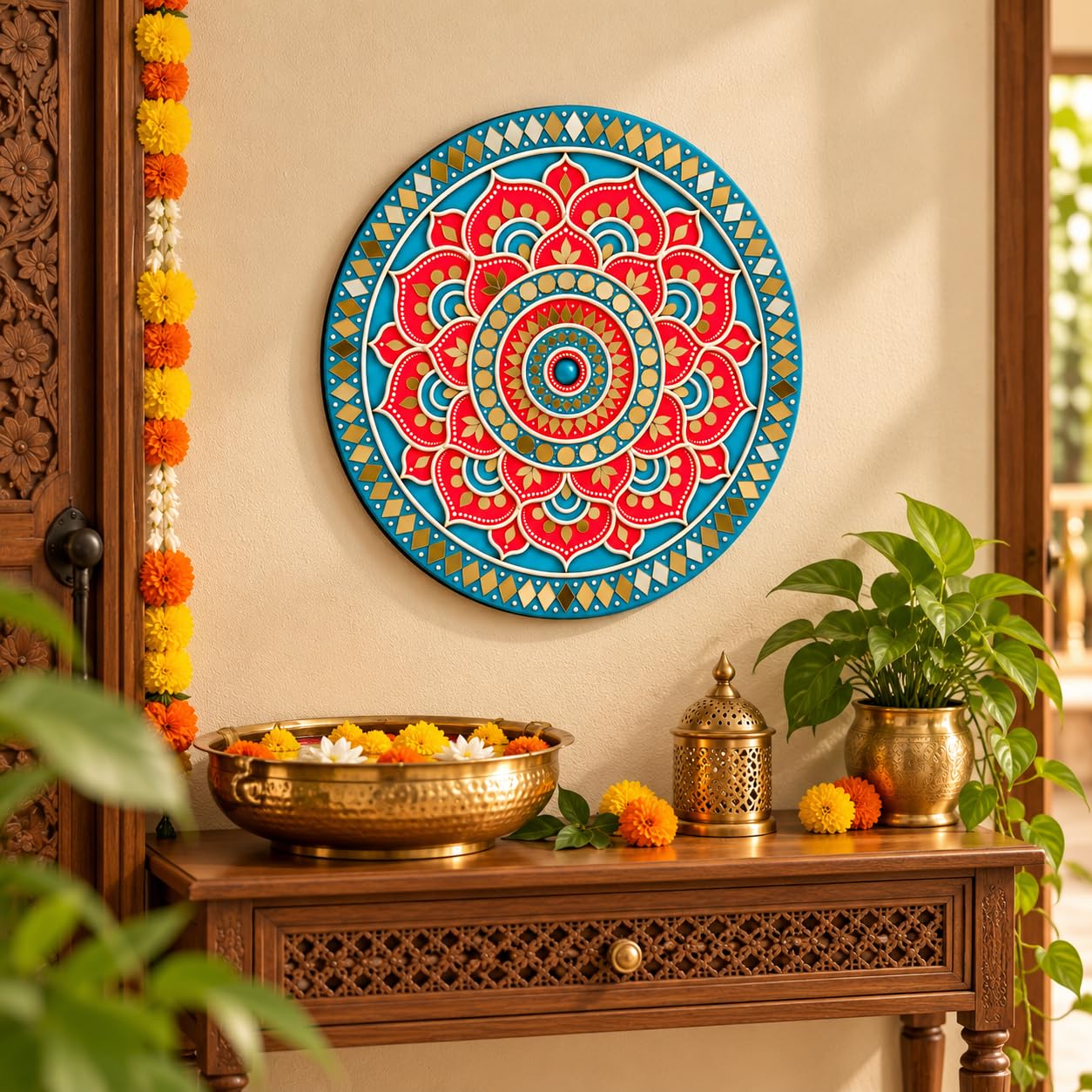 Red Blue Mandala Wall Decoration for Hallway and Entrance