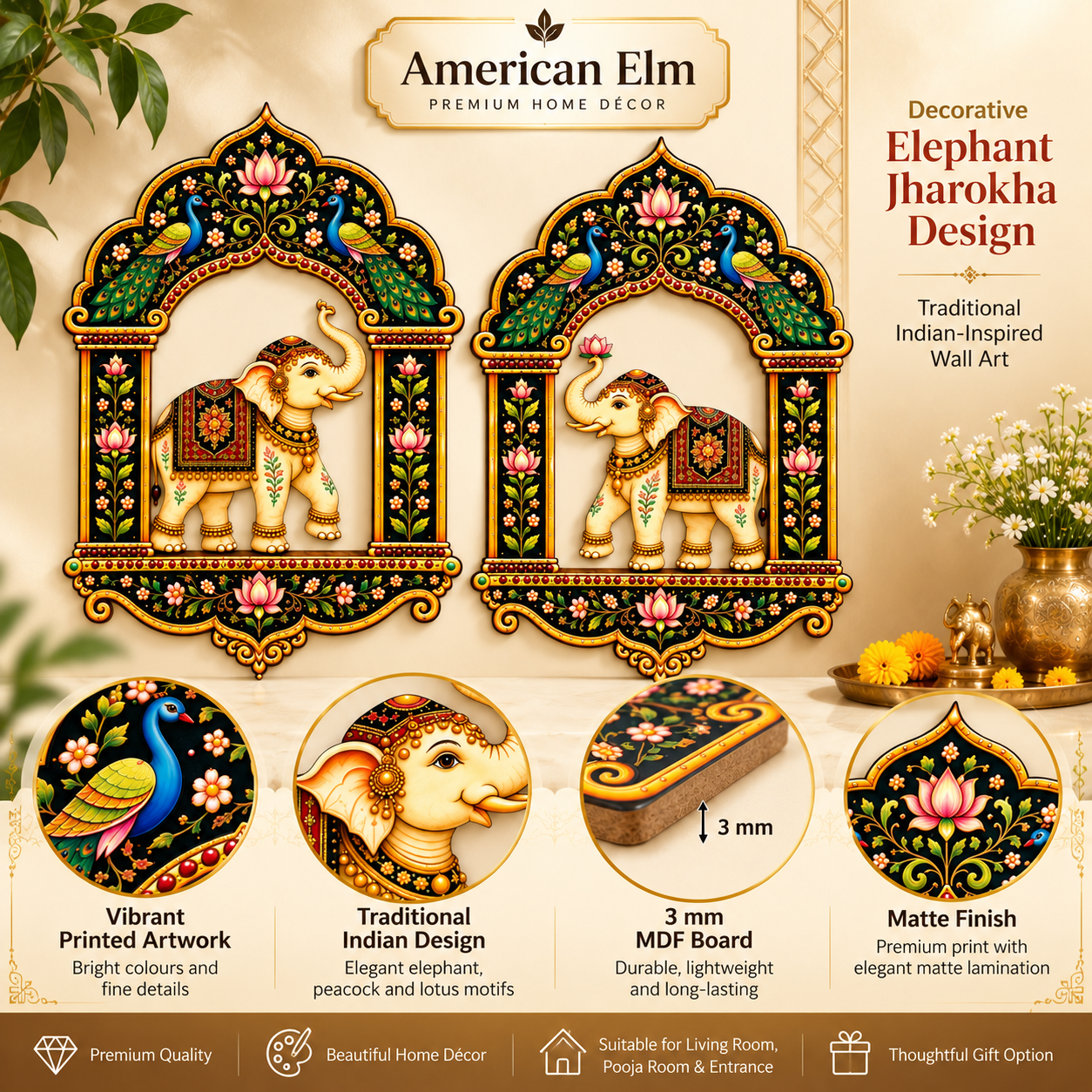 Traditional elephant jharokha wall art for bedroom