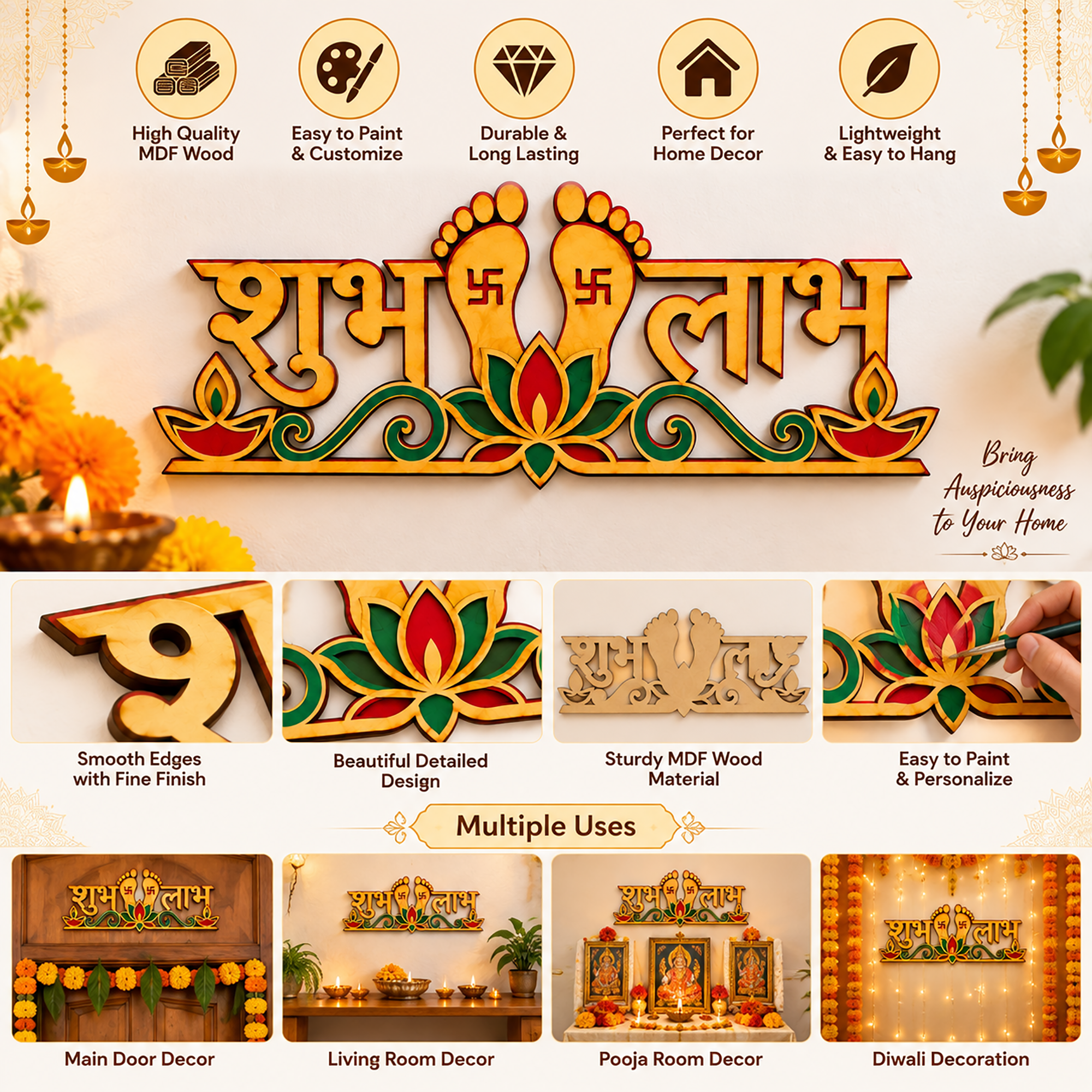 wooden shubh labh main door decoration