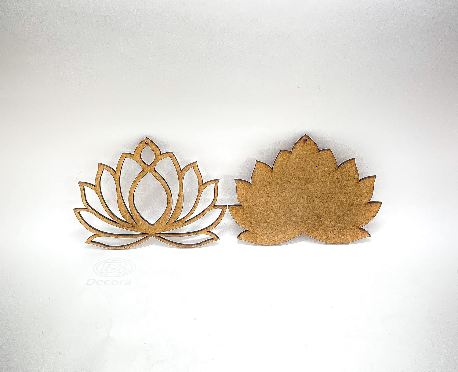 Two wooden lotus flower shapes on a white background
