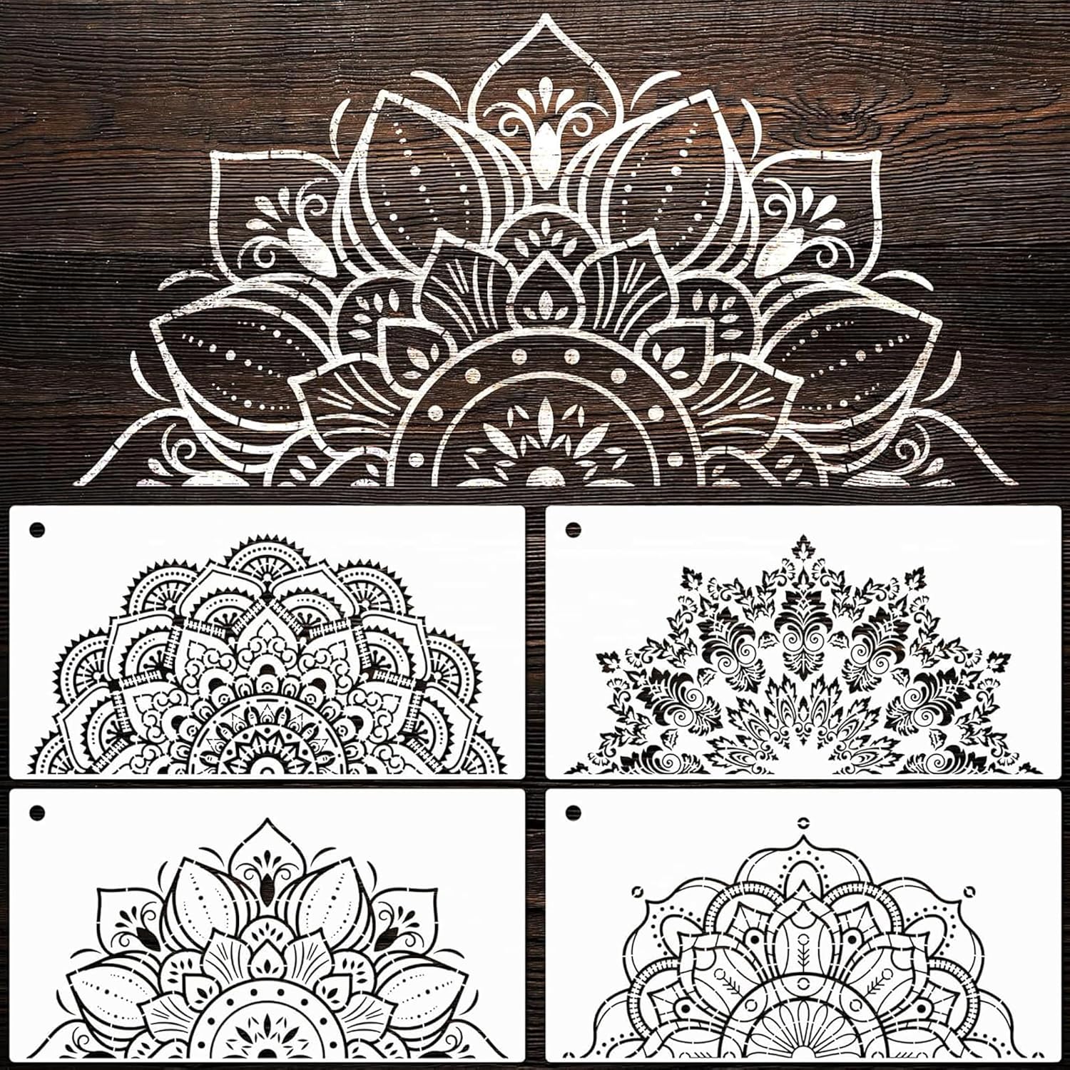 Set of six mandala designs on a wooden background