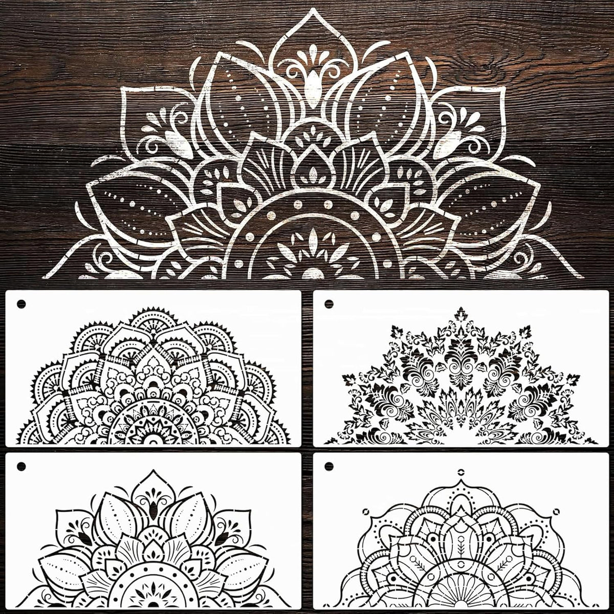 Set of six mandala designs on a wooden background