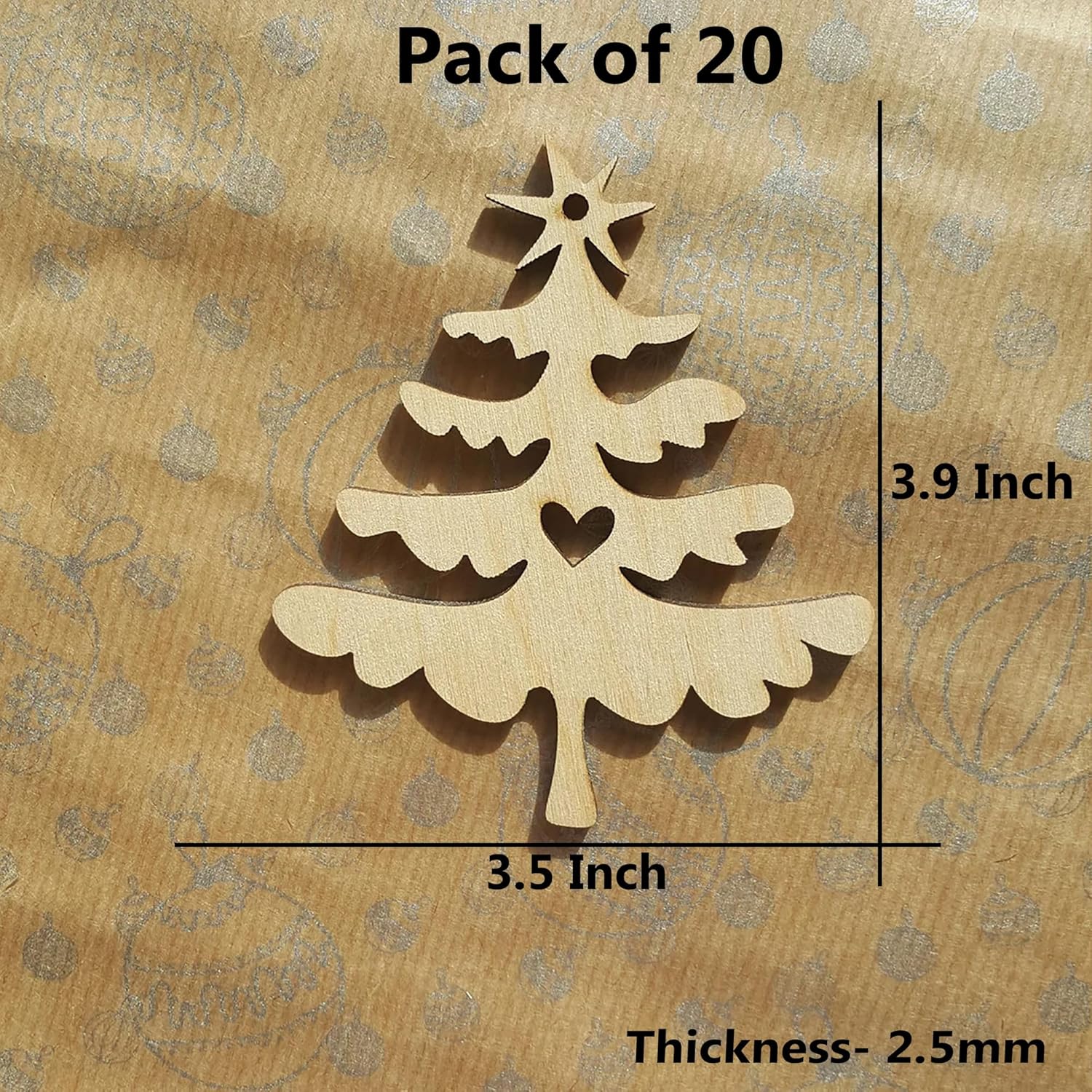 Wooden Christmas tree ornament with measurements on a wooden background