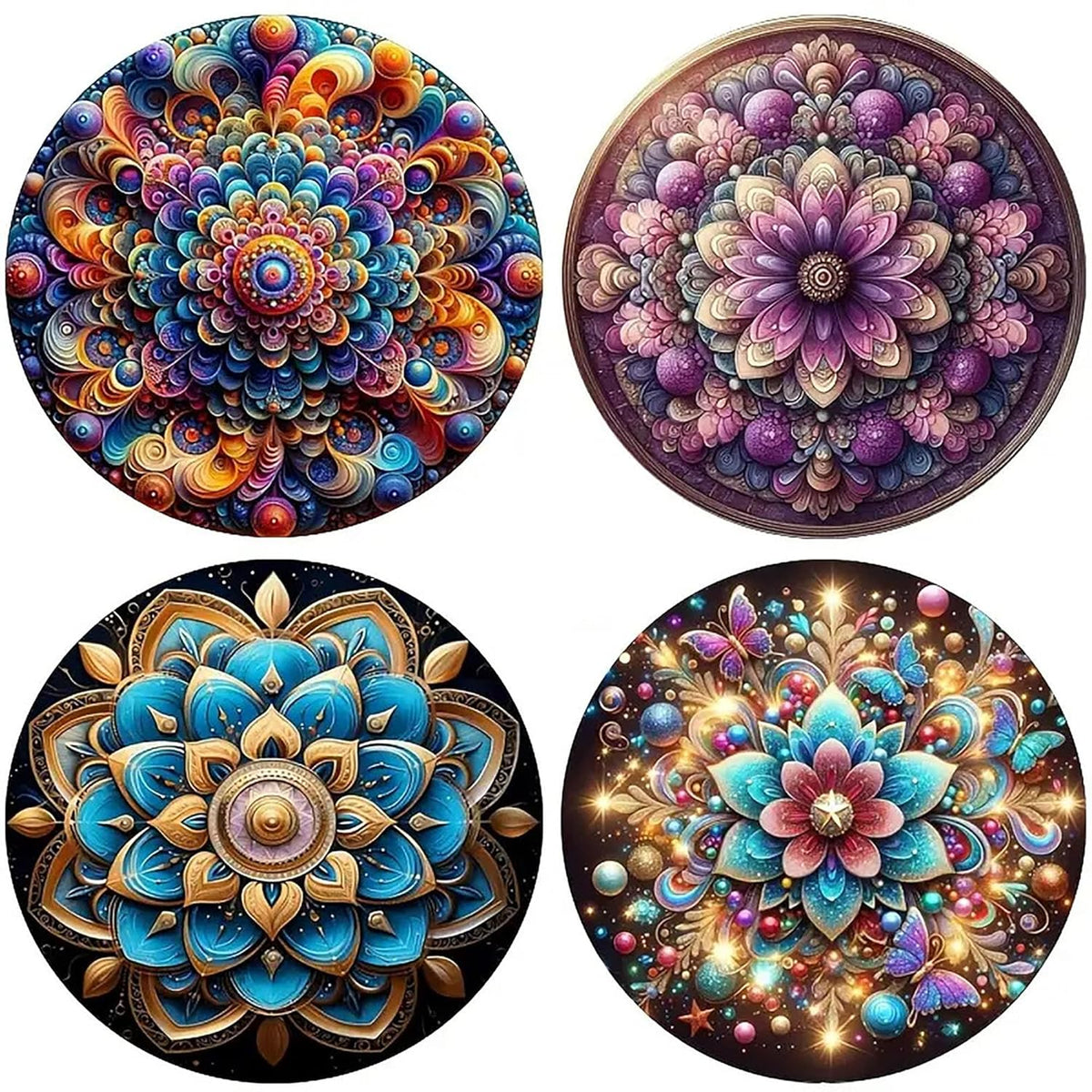 Four colorful mandala designs on a white background