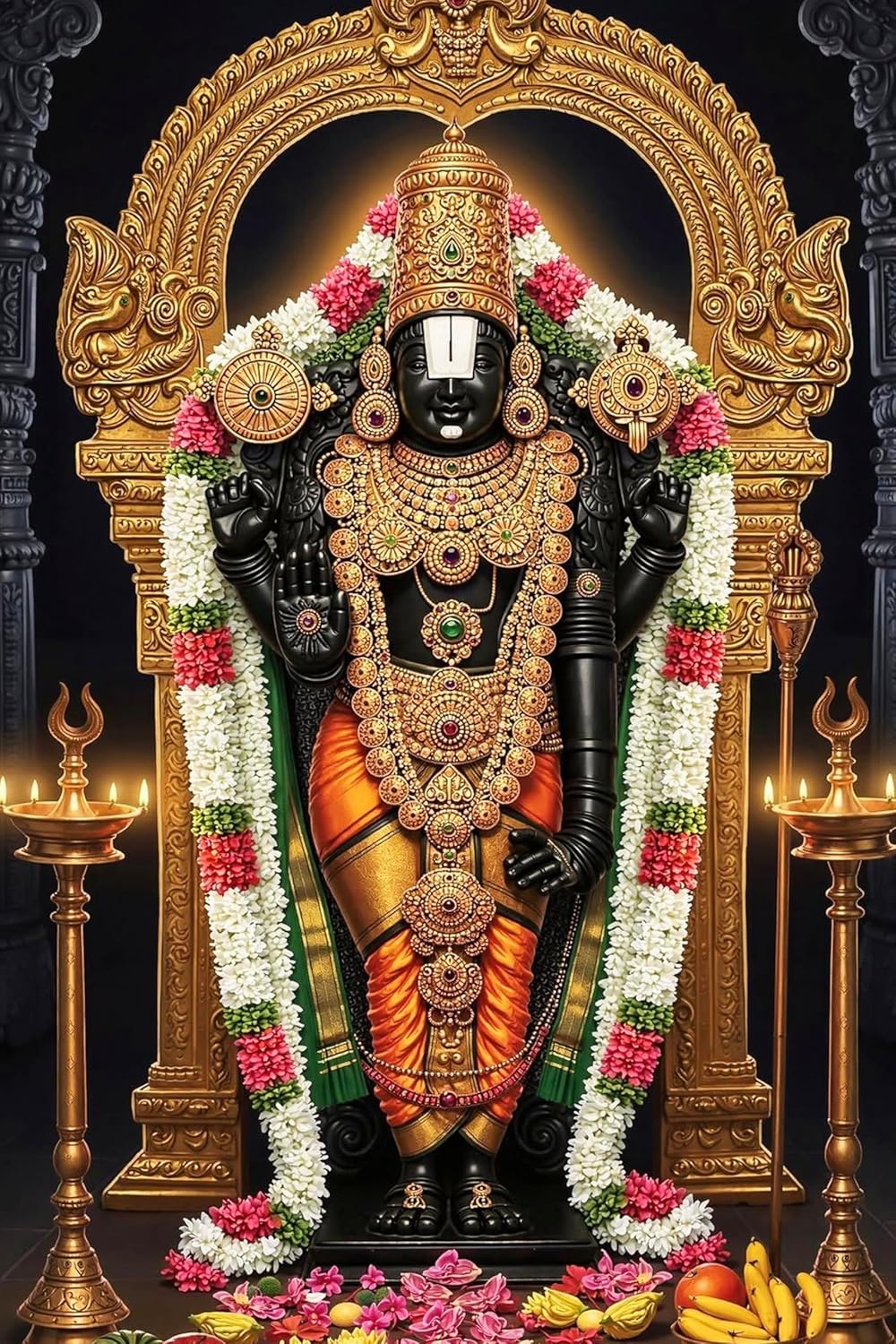 Decorative statue of a deity with gold and colorful attire, surrounded by flowers and lights.