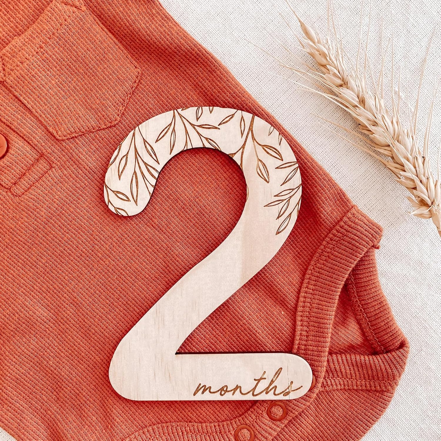 Wooden number '2 months' on a pink baby outfit with wheat stalks.