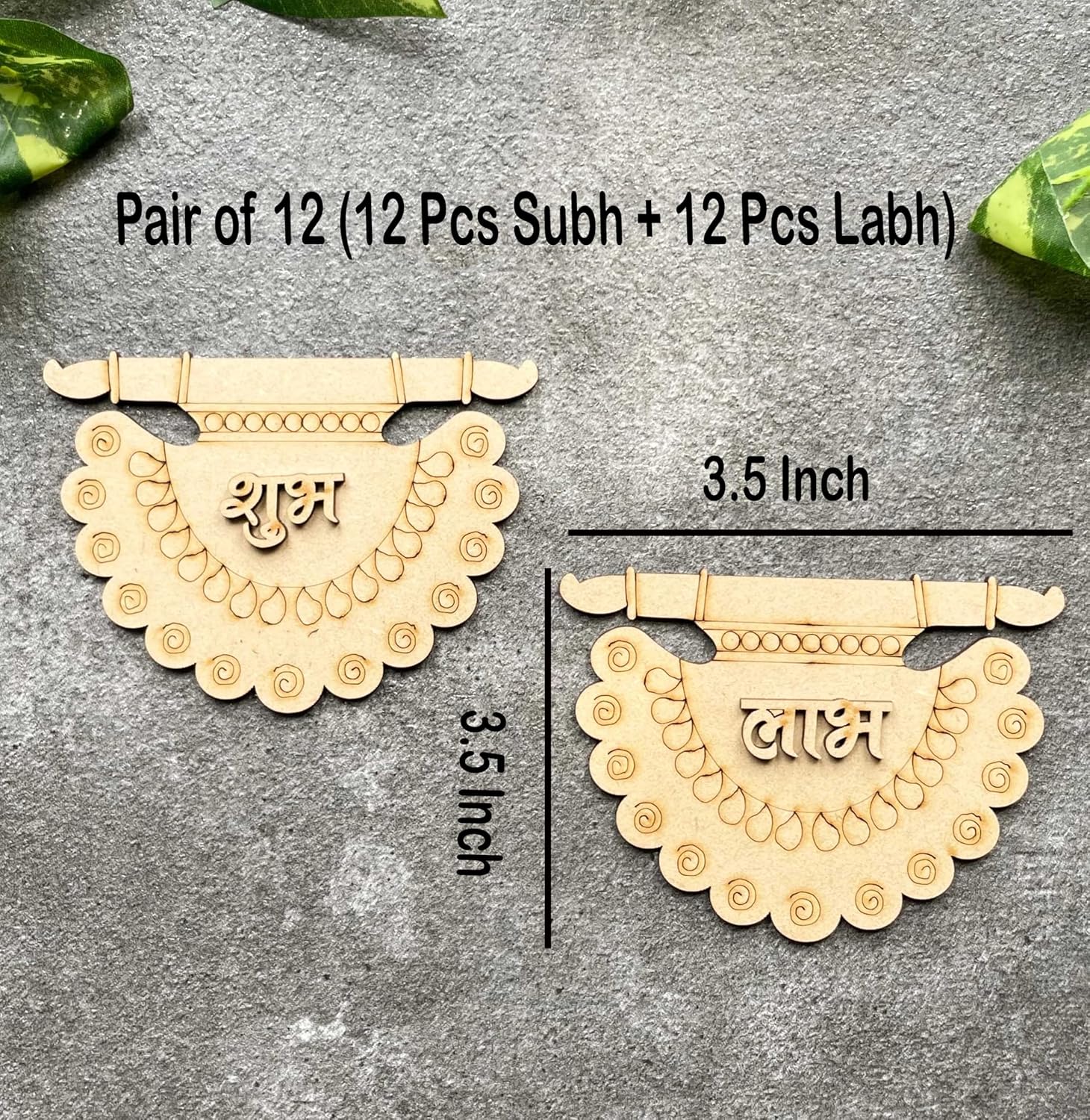 Pair of wooden pendants labeled 'Subh' and 'Labh' with measurements on a gray background.