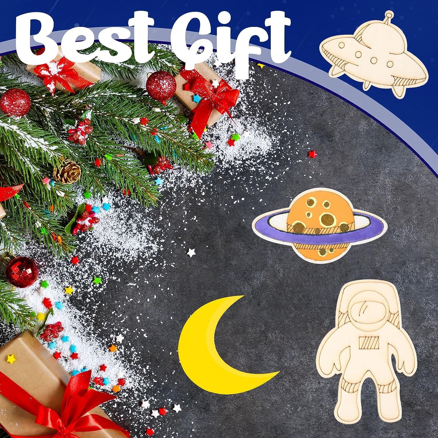 Decorative Christmas scene with tree, presents, and space-themed cutouts on a blue background.