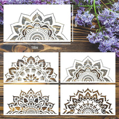 Set of decorative stencils with floral patterns on a wooden surface with purple flowers.