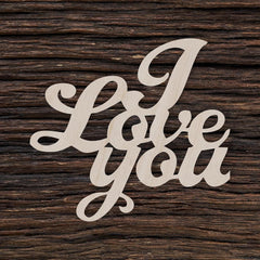 Wooden cutout of 'I Love You' on a wooden background